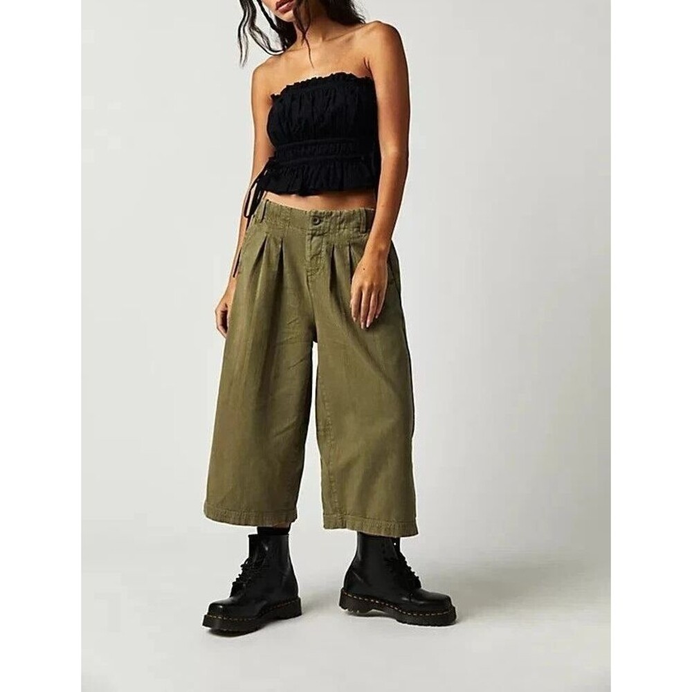 Free People Hard Rain Gaucho Pants Cropped Pleated Wide-Leg Cotton M-8 287065